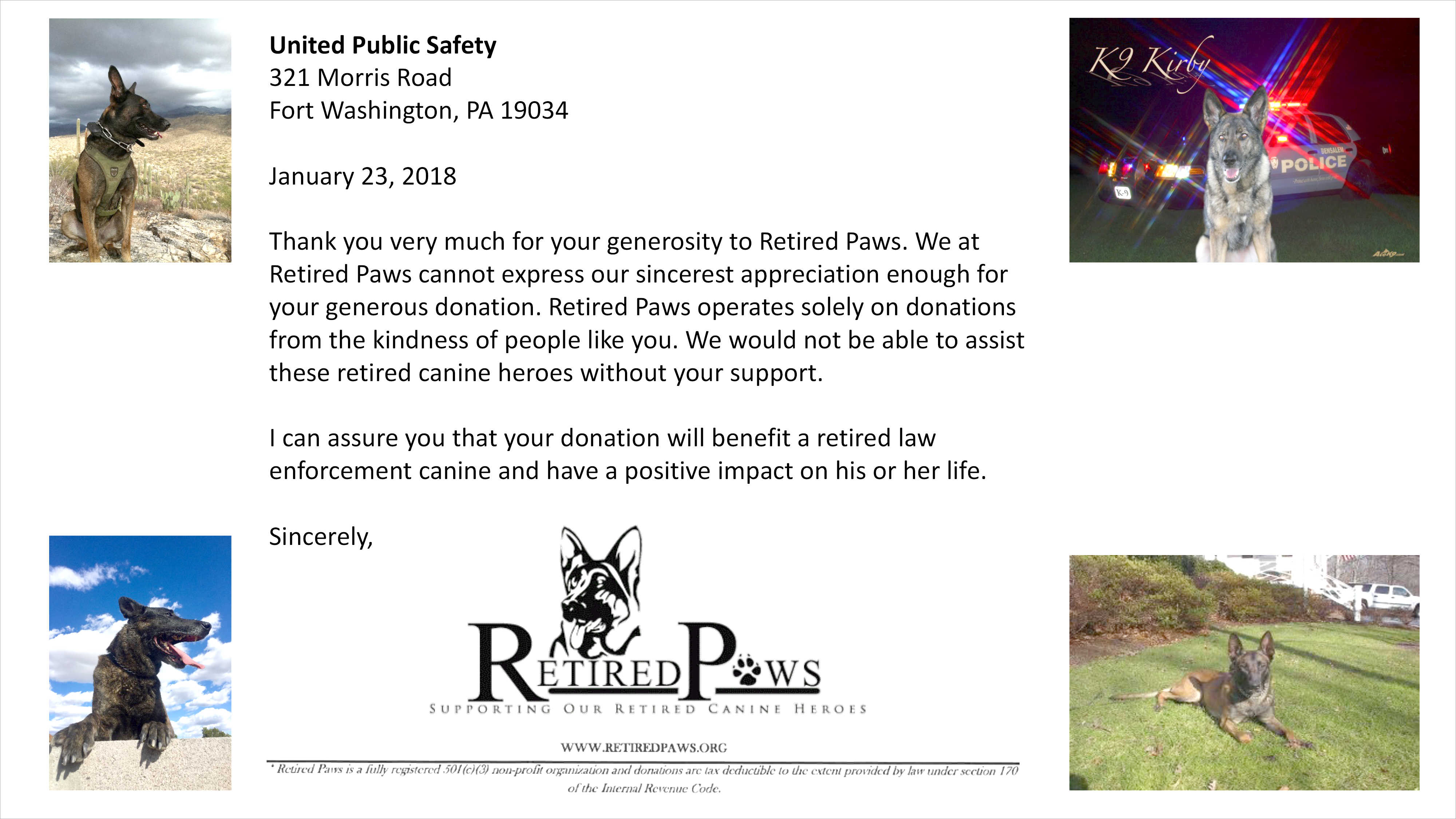 Thank you letter from Retired Paws